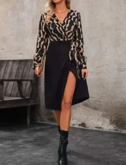Discount Women's Midi Dress Casual Dress Wrap Dress A Line Dress Stylish Casual Vacation Daily Regular Fit Color Block Long Sleeve V Neck Spring Fall Women Work Dresses