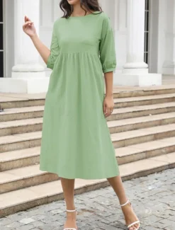 Women's Midi Dress Casual Dress A Line Dress Stylish Basic Casual Vacation Daily Regular Fit Plain 3/4 Length Sleeve Crew Neck White Green Summer Spring Women Spring Dresses|White Dresses