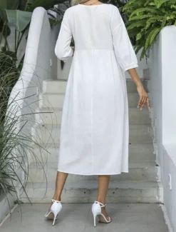 Women's Midi Dress Casual Dress A Line Dress Stylish Basic Casual Vacation Daily Regular Fit Plain 3/4 Length Sleeve Crew Neck White Green Summer Spring Women Spring Dresses|White Dresses