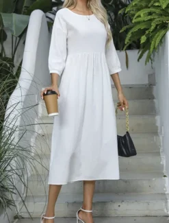 Women's Midi Dress Casual Dress A Line Dress Stylish Basic Casual Vacation Daily Regular Fit Plain 3/4 Length Sleeve Crew Neck White Green Summer Spring Women Spring Dresses|White Dresses