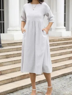 Women's Midi Dress Casual Dress A Line Dress Stylish Basic Casual Vacation Daily Regular Fit Plain 3/4 Length Sleeve Crew Neck White Green Summer Spring Women Spring Dresses|White Dresses