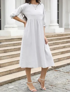 Women's Midi Dress Casual Dress A Line Dress Stylish Basic Casual Vacation Daily Regular Fit Plain 3/4 Length Sleeve Crew Neck White Green Summer Spring Women Spring Dresses|White Dresses