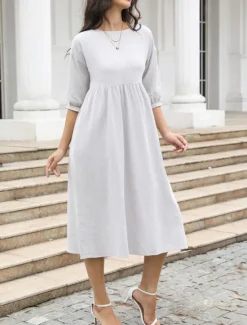 Women's Midi Dress Casual Dress A Line Dress Stylish Basic Casual Vacation Daily Regular Fit Plain 3/4 Length Sleeve Crew Neck White Green Summer Spring Women Spring Dresses|White Dresses