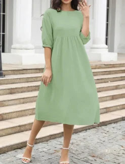 Women's Midi Dress Casual Dress A Line Dress Stylish Basic Casual Vacation Daily Regular Fit Plain 3/4 Length Sleeve Crew Neck White Green Summer Spring Women Spring Dresses|White Dresses