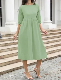 Women's Midi Dress Casual Dress A Line Dress Stylish Basic Casual Vacation Daily Regular Fit Plain 3/4 Length Sleeve Crew Neck White Green Summer Spring Women Spring Dresses|White Dresses