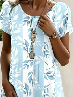 Sale Women's Midi Dress Casual Dress T Shirt Dress Tee Dress Sundress A Line Dress Casual Regular Fit Graphic Leaf Short Sleeve Crew Neck Summer Spring Women T Shirt Dresses