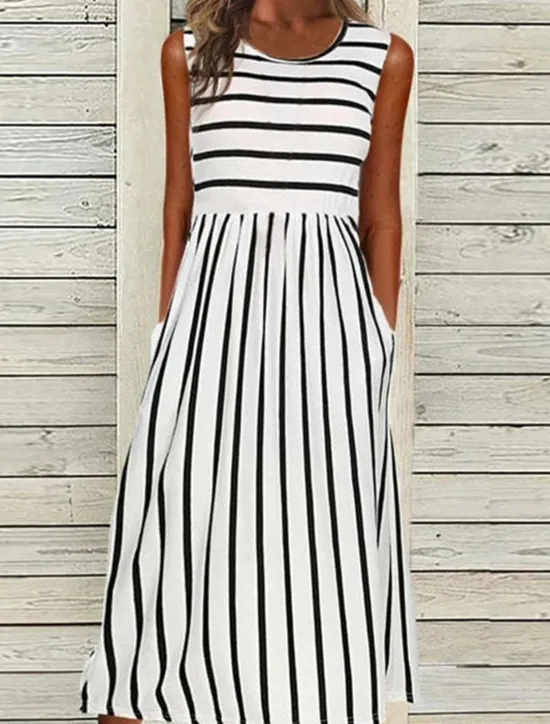 Clearance Women's Midi Dress Casual Dress Casual Outdoor Daily Holiday Loose Fit Striped Sleeveless Crew Neck Black White Summer Spring Women Casual Dress