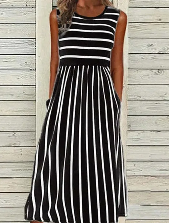 Clearance Women's Midi Dress Casual Dress Casual Outdoor Daily Holiday Loose Fit Striped Sleeveless Crew Neck Black White Summer Spring Women Casual Dress