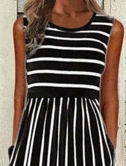 Clearance Women's Midi Dress Casual Dress Casual Outdoor Daily Holiday Loose Fit Striped Sleeveless Crew Neck Black White Summer Spring Women Casual Dress