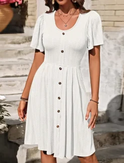 Outlet Women's Midi Dress Casual Dress A Line Dress Stylish Basic Casual Vacation Daily Regular Fit Plain Short Sleeve V Neck White Purple Summer Spring Women Cocktail Dress