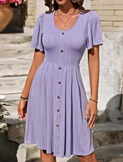 Outlet Women's Midi Dress Casual Dress A Line Dress Stylish Basic Casual Vacation Daily Regular Fit Plain Short Sleeve V Neck White Purple Summer Spring Women Cocktail Dress