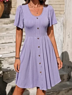 Outlet Women's Midi Dress Casual Dress A Line Dress Stylish Basic Casual Vacation Daily Regular Fit Plain Short Sleeve V Neck White Purple Summer Spring Women Cocktail Dress