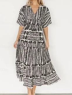 Discount Women's Midi Dress Casual Dress Boho Chic Dresses Boho Dress Bohemia Vintage Stylish Vacation Casual Daily Regular Fit Stripe Short Sleeve V Neck Black Light Green Light Blue Summer Spring Women Floral Dresses