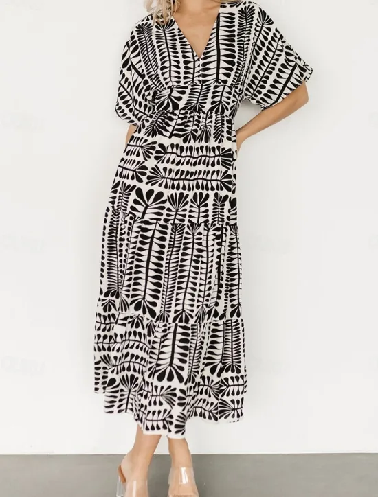 Discount Women's Midi Dress Casual Dress Boho Chic Dresses Boho Dress Bohemia Vintage Stylish Vacation Casual Daily Regular Fit Stripe Short Sleeve V Neck Black Light Green Light Blue Summer Spring Women Floral Dresses