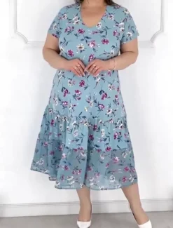 Clearance Women's Midi Dress Casual Dress Stylish Casual Vacation Daily Regular Fit Floral Short Sleeve V Neck White Blue Summer Women Vacation Dresses