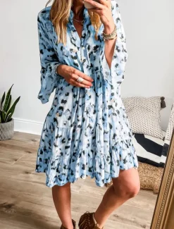 Clearance Women's Midi Dress Casual Dress A Line Dress Stylish Casual Vacation Daily Regular Fit Leopard Long Sleeve V Neck Pink Blue Apricot Summer Women Casual Dress