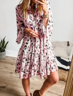 Clearance Women's Midi Dress Casual Dress A Line Dress Stylish Casual Vacation Daily Regular Fit Leopard Long Sleeve V Neck Pink Blue Apricot Summer Women Casual Dress