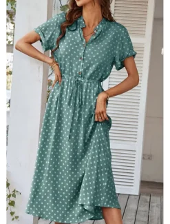 Outlet Women's Midi Dress Casual Dress Summer Dress Fashion Vacation Holiday Date Regular Fit Polka Dot Short Sleeve V Neck Black Pink Wine Dark Green Summer Women Casual Dress