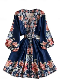 Women's Midi Dress Casual Dress Swing Dress A Line Dress Boho Dress Vintage Casual Daily Regular Fit Floral Long Sleeve V Neck Dark Blue Beige Spring Fall Women Floral Dresses