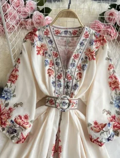 Women's Midi Dress Casual Dress Swing Dress A Line Dress Boho Dress Vintage Casual Daily Regular Fit Floral Long Sleeve V Neck Dark Blue Beige Spring Fall Women Floral Dresses