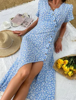 Outlet Women's Midi Dress Casual Dress A Line Dress Summer Dress Stylish Casual Vacation Daily Date Regular Fit Floral Short Sleeve V Neck Black Red Blue Summer Women Floral Dresses