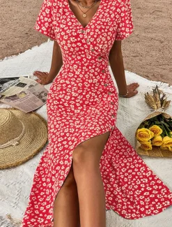Outlet Women's Midi Dress Casual Dress A Line Dress Summer Dress Stylish Casual Vacation Daily Date Regular Fit Floral Short Sleeve V Neck Black Red Blue Summer Women Floral Dresses