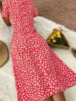 Outlet Women's Midi Dress Casual Dress A Line Dress Summer Dress Stylish Casual Vacation Daily Date Regular Fit Floral Short Sleeve V Neck Black Red Blue Summer Women Floral Dresses