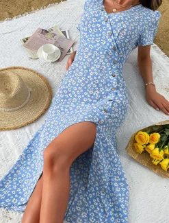 Outlet Women's Midi Dress Casual Dress A Line Dress Summer Dress Stylish Casual Vacation Daily Date Regular Fit Floral Short Sleeve V Neck Black Red Blue Summer Women Floral Dresses