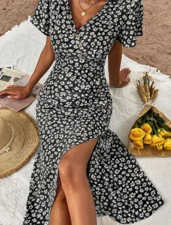 Outlet Women's Midi Dress Casual Dress A Line Dress Summer Dress Stylish Casual Vacation Daily Date Regular Fit Floral Short Sleeve V Neck Black Red Blue Summer Women Floral Dresses