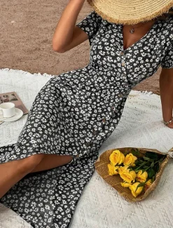 Outlet Women's Midi Dress Casual Dress A Line Dress Summer Dress Stylish Casual Vacation Daily Date Regular Fit Floral Short Sleeve V Neck Black Red Blue Summer Women Floral Dresses
