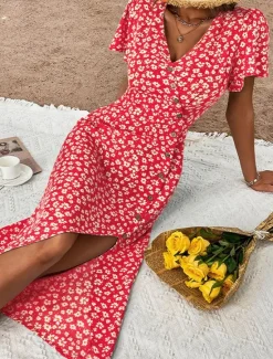 Outlet Women's Midi Dress Casual Dress A Line Dress Summer Dress Stylish Casual Vacation Daily Date Regular Fit Floral Short Sleeve V Neck Black Red Blue Summer Women Floral Dresses