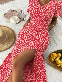 Outlet Women's Midi Dress Casual Dress A Line Dress Summer Dress Stylish Casual Vacation Daily Date Regular Fit Floral Short Sleeve V Neck Black Red Blue Summer Women Floral Dresses