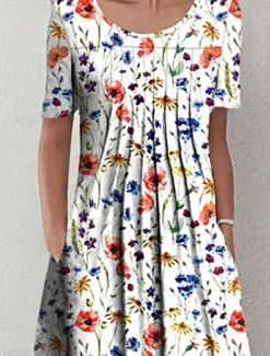 Sale Women's Midi Dress Casual Dress Floral Dress Short Sleeve Floral Ruched Spring Summer Crew Neck Basic Daily Vacation Weekend Women Spring Dresses|T Shirt Dresses