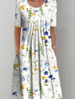 New Women's Midi Dress Casual Dress Shift Dress Floral Ruched Pocket Crew Neck Elegant Casual Daily Vacation Short Sleeve Summer Spring Women Spring Dresses|T Shirt Dresses