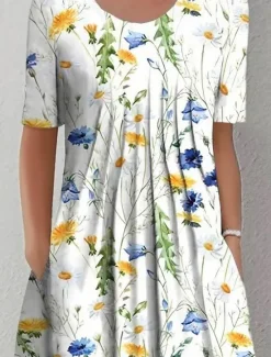 New Women's Midi Dress Casual Dress Shift Dress Floral Ruched Pocket Crew Neck Elegant Casual Daily Vacation Short Sleeve Summer Spring Women Spring Dresses|T Shirt Dresses