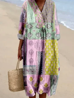 Online Women's Midi Dress Casual Dress Sundress A Line Dress Vacation Casual Boho Party Holiday Beach Loose Fit Floral Graphic Abstract Long Sleeve V Neck Light Pink Light Green Purple Spring Fall Women Vacation Dresses