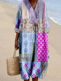 Online Women's Midi Dress Casual Dress Sundress A Line Dress Vacation Casual Boho Party Holiday Beach Loose Fit Floral Graphic Abstract Long Sleeve V Neck Light Pink Light Green Purple Spring Fall Women Vacation Dresses