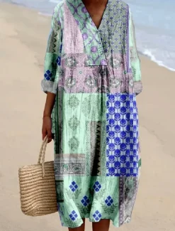 Online Women's Midi Dress Casual Dress Sundress A Line Dress Vacation Casual Boho Party Holiday Beach Loose Fit Floral Graphic Abstract Long Sleeve V Neck Light Pink Light Green Purple Spring Fall Women Vacation Dresses
