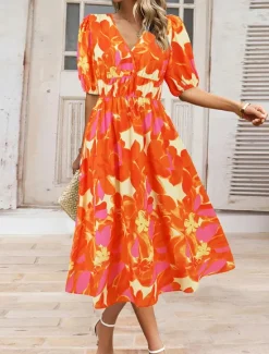 Hot Women's Midi Dress Casual Dress Swing Dress A Line Dress Summer Dress Stylish Casual Vacation Daily Date Regular Fit Floral Short Sleeve V Neck Blue Green Summer Women Spring Dresses
