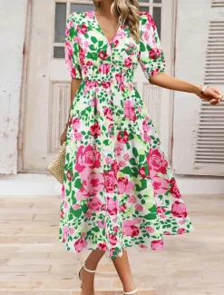 Hot Women's Midi Dress Casual Dress Swing Dress A Line Dress Summer Dress Stylish Casual Vacation Daily Date Regular Fit Floral Short Sleeve V Neck Blue Green Summer Women Spring Dresses