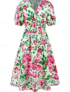 Hot Women's Midi Dress Casual Dress Swing Dress A Line Dress Summer Dress Stylish Casual Vacation Daily Date Regular Fit Floral Short Sleeve V Neck Blue Green Summer Women Spring Dresses