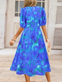 Hot Women's Midi Dress Casual Dress Swing Dress A Line Dress Summer Dress Stylish Casual Vacation Daily Date Regular Fit Floral Short Sleeve V Neck Blue Green Summer Women Spring Dresses