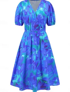 Hot Women's Midi Dress Casual Dress Swing Dress A Line Dress Summer Dress Stylish Casual Vacation Daily Date Regular Fit Floral Short Sleeve V Neck Blue Green Summer Women Spring Dresses