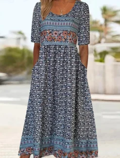 Women's Midi Dress Casual Dress Summer Dress Boho Dress Ethnic Casual Vacation Daily Date Regular Fit Floral Short Sleeve Crew Neck White Navy Blue Royal Blue Blue Summer Women Spring Dresses