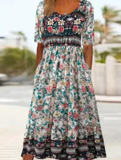 Women's Midi Dress Casual Dress Summer Dress Boho Dress Ethnic Casual Vacation Daily Date Regular Fit Floral Short Sleeve Crew Neck White Navy Blue Royal Blue Blue Summer Women Spring Dresses