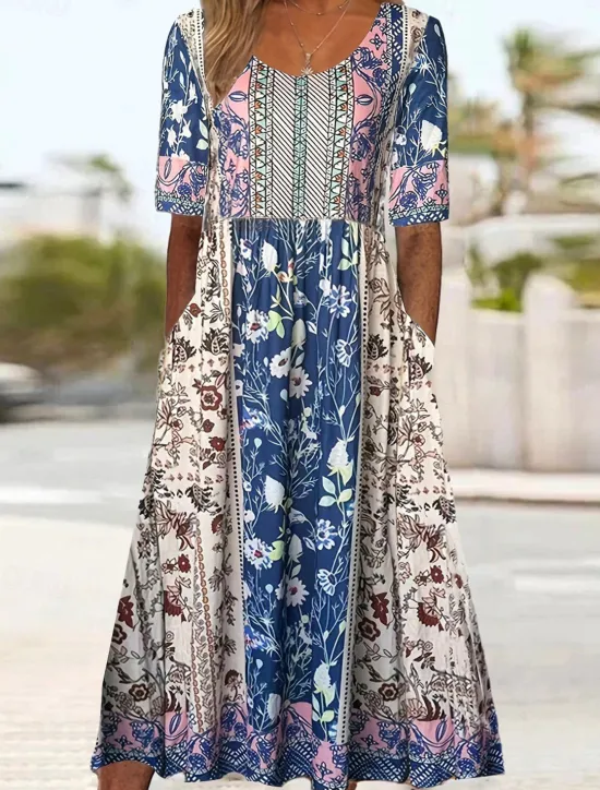 Women's Midi Dress Casual Dress Summer Dress Boho Dress Ethnic Casual Vacation Daily Date Regular Fit Floral Short Sleeve Crew Neck White Navy Blue Royal Blue Blue Summer Women Spring Dresses