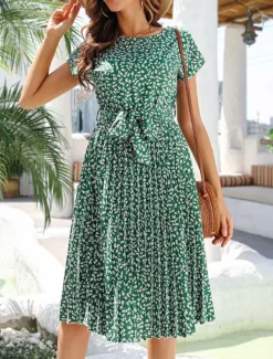 Clearance Women's Midi Dress Casual Dress A Line Dress Stylish Casual Vacation Daily Regular Fit Floral Short Sleeve Crew Neck Green Light Blue Summer Women Floral Dresses|Spring Dresses