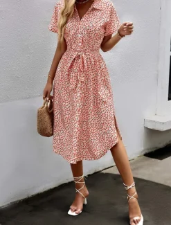 New Women's Midi Dress Casual Dress A Line Dress Stylish Casual Vacation Daily Regular Fit Floral Short Sleeve Shirt Collar Yellow Pink Blue Spring Fall Women Spring Dresses