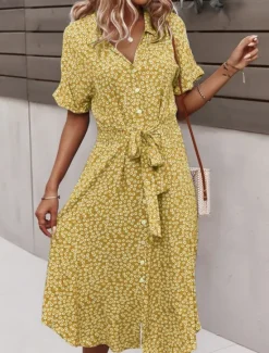 New Women's Midi Dress Casual Dress A Line Dress Stylish Casual Vacation Daily Regular Fit Floral Short Sleeve Shirt Collar Yellow Pink Blue Spring Fall Women Spring Dresses