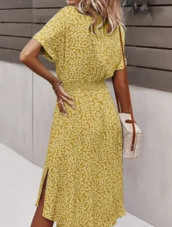 New Women's Midi Dress Casual Dress A Line Dress Stylish Casual Vacation Daily Regular Fit Floral Short Sleeve Shirt Collar Yellow Pink Blue Spring Fall Women Spring Dresses